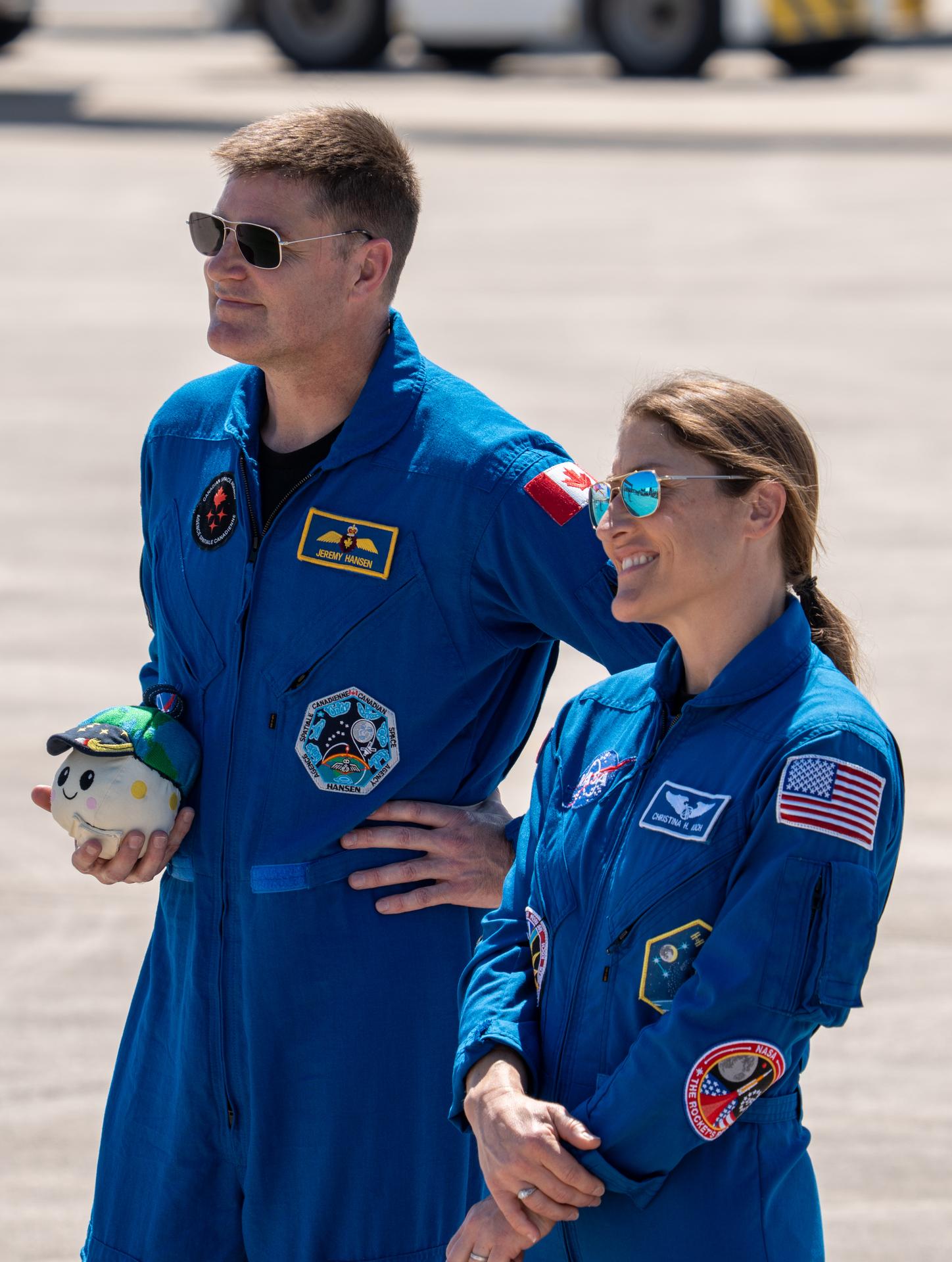 These images show the moments shortly after the arrival of the Artemis II crew to NASA’s Kennedy Space Center on March 27, 2026 ahead of the launch. The four astronauts, Victor Glover, Reid Wiseman, Christina Koch, and Jeremy Hansen, arrived on a T38, which can be seen behind them. They took turns speaking to the crowd as they also announced the zero-gravity indicator they would be taking with them on their journey.